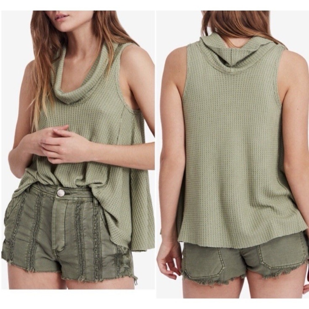 Free People Swing It Cowl Tank Sage Green Size Small‎ Waffle Knit Boho EUC